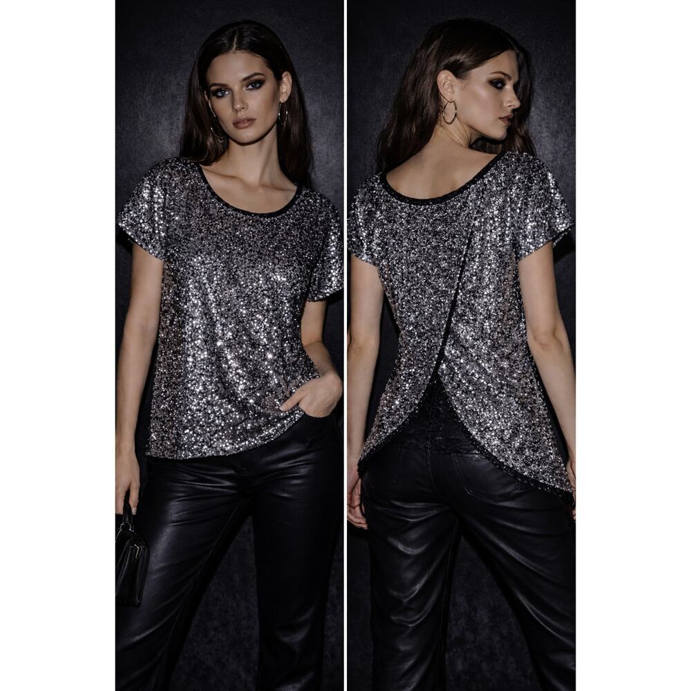 Free People Sequin Top S Oversized Silver Black Party Festival Glam Boho Event